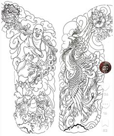 two chinese tattoos with dragon and flowers on them