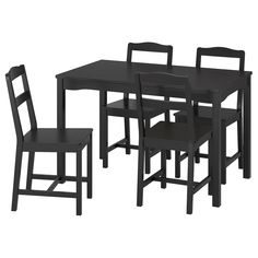 a black table and four chairs with one chair up against the other, in front of a white background