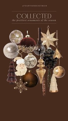 an image of christmas ornaments on a brown background