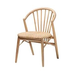 a wooden chair with a woven seat pad on it's backrest, against a white background