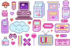 pixel art with different types of objects and colors, including an old school computer screen