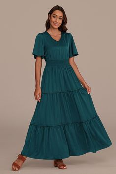 Short Flutter Sleeve V Neck Tiered Maxi Dress Flowy Tiered Ruffled Skirt Dress, Green Tiered Chiffon Maxi Dress, Modest Dress With Ruffle Hem And Sleeves, Tiered Flowy Maxi Dress With Ruffles, Modest Chiffon Dress With Ruffles, Flowy Chiffon Maxi Dress With Short Sleeves, Flowy Flutter Sleeve Midi Dress With Ruffle Hem, Flowy Ruched Tiered Skirt Maxi Dress, Modest Flowy Ruched Maxi Dress