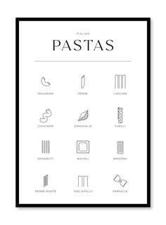 a black and white poster with the words pastas in different font styles on it