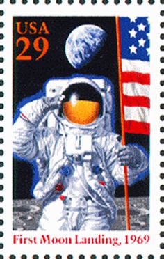 a postage stamp with an image of an astronaut on the moon and american flag in the background