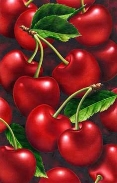 a painting of red cherries with green leaves on the top and bottom, against a black background