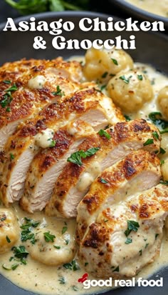 chicken and gnocchi sauce on a plate with potatoes