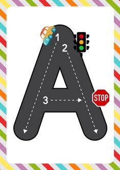 the letter a is in front of a traffic light and has arrows pointing to it