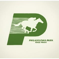 the philadelphia park race track logo is green and white with a horse running through it