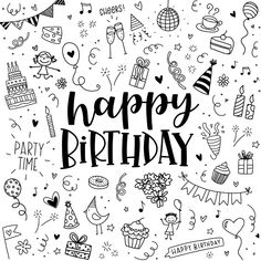 happy birthday card with doodles and confetti in black ink on a white background