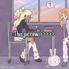 two cartoon characters sitting at a table in front of a window with the caption'this picrew > >