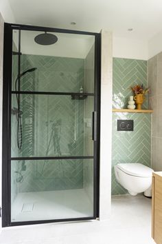 a bathroom with a glass shower door next to a white toilet and wooden shelves on the wall