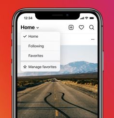 an iphone screen showing the home page and navigation options for driving on a road with mountains in the background