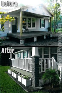 before and after pictures of a small house with porches on both sides, in the front yard