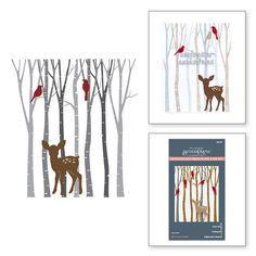 two cards with deer and birds in the woods