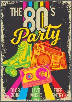 the 80's party poster with an old record player and boombox on it