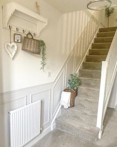 there is a plant on the wall next to the stairs in this house with white walls and gray carpet