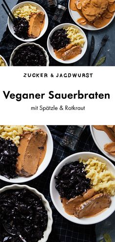 several plates with different types of food on them and the words veganer sauerbraten in german