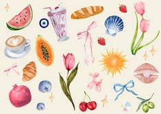 a watercolor painting of different types of food