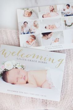 two baby announcement cards are laying on a blanket