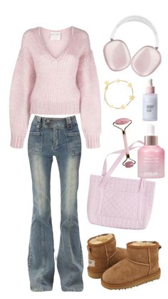 a pink sweater, jeans and boots with accessories