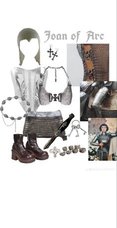 a collage of different items including shoes, bracelets and necklaces with the words joan of arc written on them