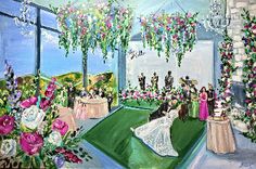 a painting of a wedding ceremony with flowers and greenery