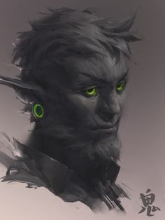 an illustration of a demon with green eyes