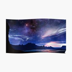 the night sky with stars and clouds over water poster print on white wall art paper