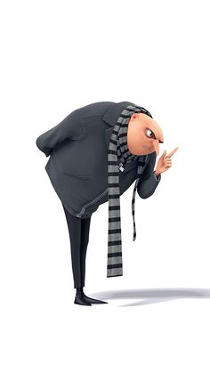 the animated character is dressed in black and gray clothing, holding his hand up to his face