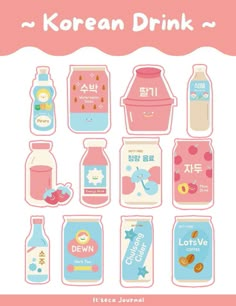 korean drink stickers with different types of drinks and beverages in the bottle, on pink background