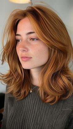 25 Strawberry Blonde Hair Ideas That Define Your Unique Style in 2024 Medium Length Haircut With Framing Pieces, Mid Length Hair Copper, Strawberry Blonde Haircut, Copper Hair Mid Length, Mid Length Copper Hair, Strawberry Blonde Bob With Bangs, Red Hair Mid Length, Red Mid Length Hair, Hair Colors For Medium Skin Tone