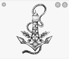 an anchor with flowers on it and a lighthouse in the background is drawn by hand