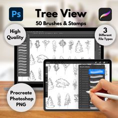 a person is drawing trees on the computer screen and another hand is holding a pen