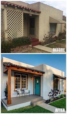 before and after photos of a house with an attached porch