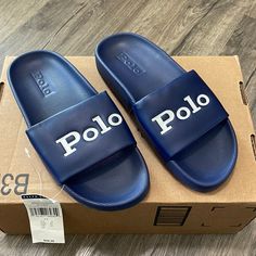 Nwt Polo Ralph Lauren Nvy/Wht Cayson Slide 100% Synthetic Upper 100% Fabric Lining Polo Slides, Walk In Wardrobe, Ralph Lauren Shoes, Polo By Ralph Lauren, Flip Flop Sandals, Men's Polo, Polo Ralph, Mens Polo, Flip Flops