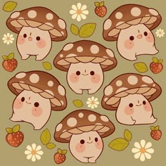 four cartoon mushrooms with strawberries and daisies in the foreground, on a green background