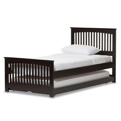 Baxton Studio Hevea Twin Size Dark Brown Solid Wood Platform Bed with Guest Trundle Bed FredCo Wood Twin Bed Frame, Kids Platform Bed, Wood Twin Bed, Trundle Bed Frame, Bed Dark, Trundle Beds, Cottage Bedrooms, Beds For Small Rooms, Twin Trundle Bed