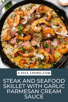 steak and seafood skillet with garlic parmesan cream sauce