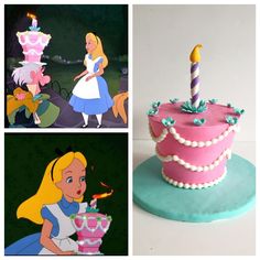 there is a pink cake with a candle on it and an image of alice in the background