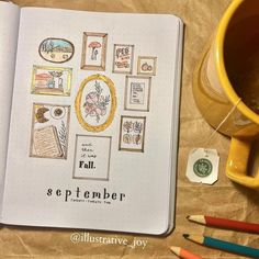 Fall Bujo Cover, September Bujo Theme Ideas, September Reading Journal, September Reading Journal Spread, Fall Bullet Journal Theme, September Bujo Ideas, Bujo Autumn Theme, Fall Scrapbook Ideas, Fall Bujo Theme