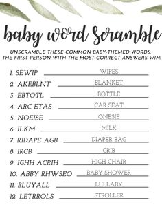 the baby word scramble is shown in black and white, with leaves on it's back