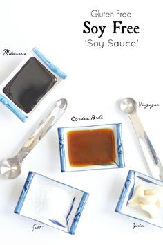 the ingredients to make gluten free soy sauce are shown on a white surface