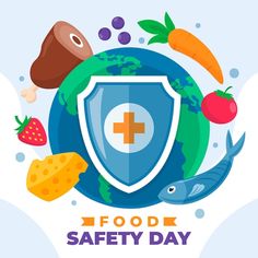 food safety day with fish, vegetables and fruits around the earth on a blue background