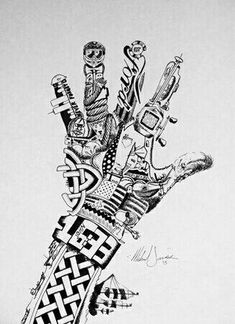 a black and white drawing of a hand holding musical instruments