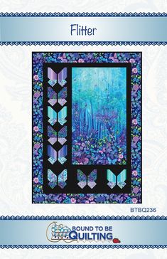 a quilt pattern with an image of a forest scene in blue and purple, on top of