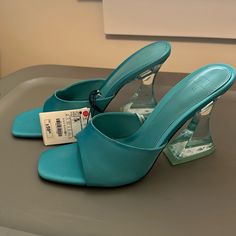 Women’s Size 10 Turquoise Shoes. Brand New Turquoise Open Toe Heels For Spring, Turquoise High Heels For Summer, Summer Party Turquoise Heels, Turquoise High Heels For Party, Chic Turquoise High Heels, Zara Mules, Turquoise Heels, Sparkly High Heels, Blue Block Heels