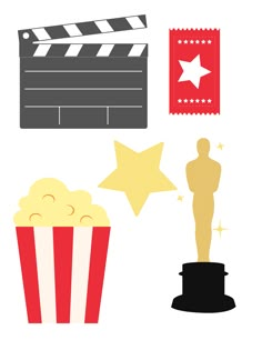 an oscar statue, popcorn and movie clapper on a white background with stars around it