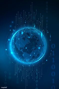 the earth is surrounded by lines and dots on a dark blue background with an electronic circuit