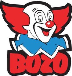 the bozo logo is shown in red, white and blue with an evil clown's face