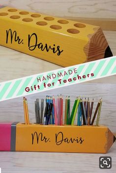 two pencils in a box with the words handmade gifts for teachers written on them